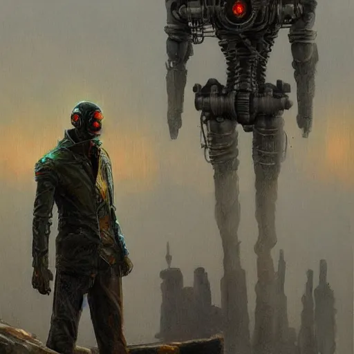 Image similar to barry wyatt and anthony beks and robots in morning misty misty japanese post - apocalyptic post - apocalyptic sci - fi painting by gerald brom trending on artstation my head got chopped off and replaced with iceberg