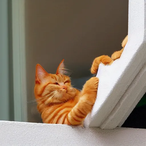 Image similar to a ginger cat with a white chest and paws, yawning and stretching on a windowsill.