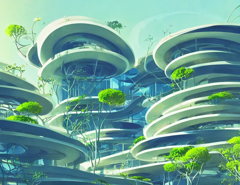 Prompt: beautiful futuristic architecture with organic shapes, plants growing on it. gouache, limited palette with complementary colors, by award - winning mangaka, backlighting, depth of field.