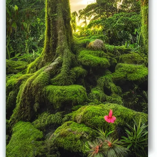 Prompt: a jungle temple surrounded by moss and tropical flowers, with a sunset, by alex horley, bokeh photography