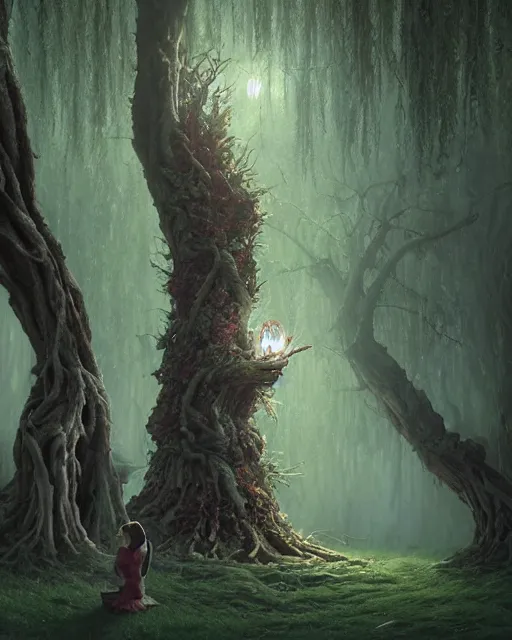 Image similar to highly detailed surreal vfx portrait of a cursed crown in a shadowy forest by a willow tree, stephen bliss, unreal engine, greg rutkowski, loish, rhads, beeple, makoto shinkai and lois van baarle, ilya kuvshinov, rossdraws, tom bagshaw, alphonse mucha, global illumination, detailed and intricate environment