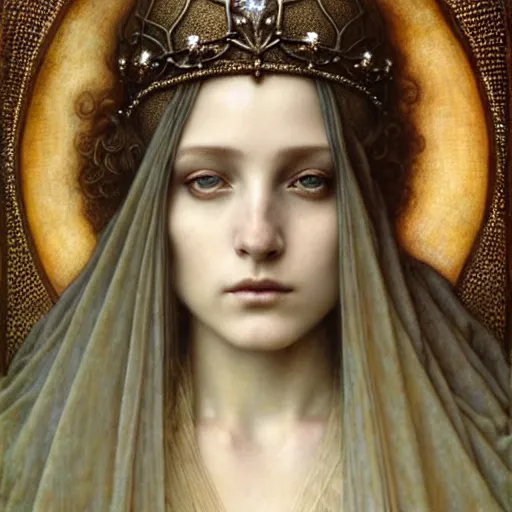 Image similar to detailed realistic beautiful young medieval queen face portrait by jean delville, tom bagshaw, brooke shaden, gustave dore and marco mazzoni, art nouveau, symbolist, visionary, gothic, pre - raphaelite, ornate gilded medieval icon, surreality, ethereal, unearthly, haunting, celestial, neo - gothic, ghostly, memento mori, otherworldly