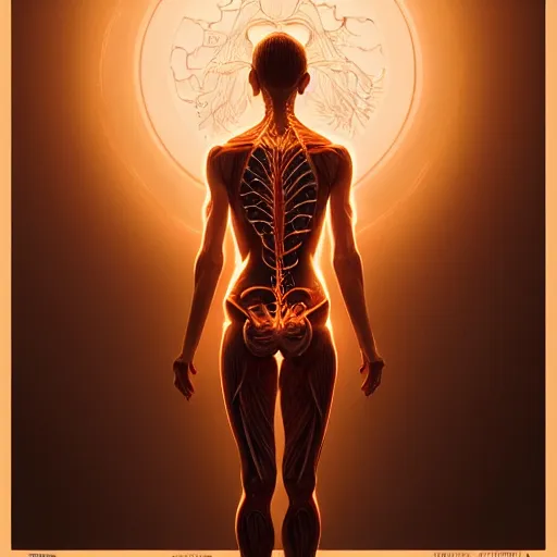 Image similar to detailed intricate digital illustration by greg rutkowski and artgerm and wlop and sanford robinson gifford ; yoga pose glowing anatomically correct human veins ; 1 3 mm film, arri alfa anamorphic lens, sharp focus ; golden hour, trending on artstation 8 k