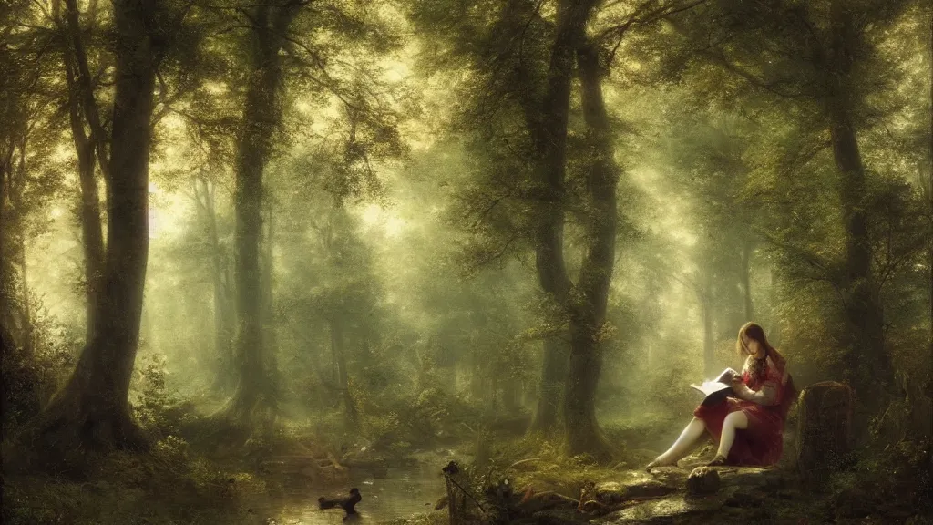 Prompt: girl reading on stump in the magical forest. andreas achenbach, artgerm, mikko lagerstedt, zack snyder, tokujin yoshioka, impressionist