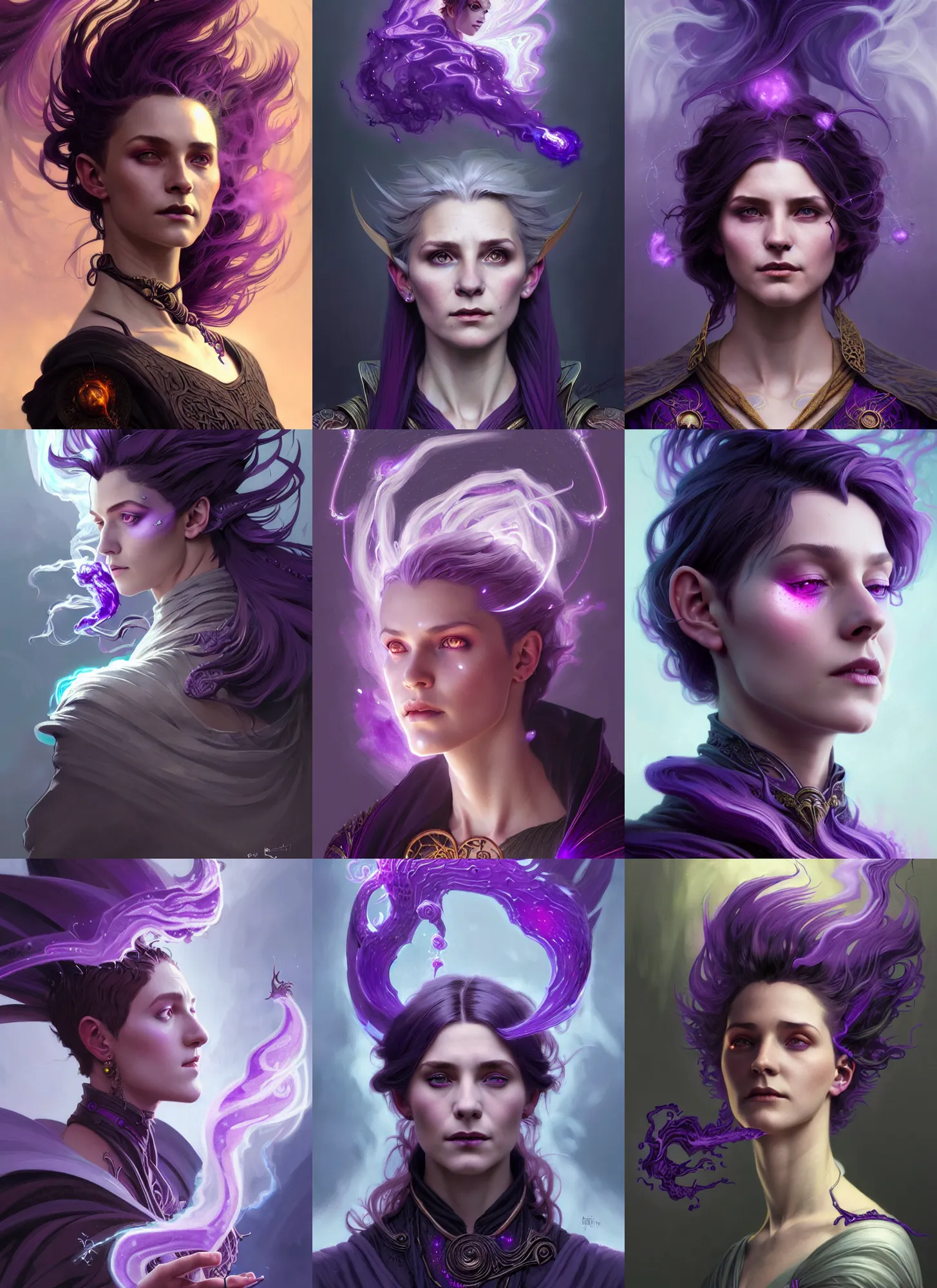 Prompt: Portrait of dragonic female witch sorcerer, D&D fantasy, undercut haircut with purple tips, magic particles in the air, wispy smoke, intricate, highly detailed, digital painting, artstation, concept art, sharp focus, illustration, art by greg rutkowski and alphonse mucha