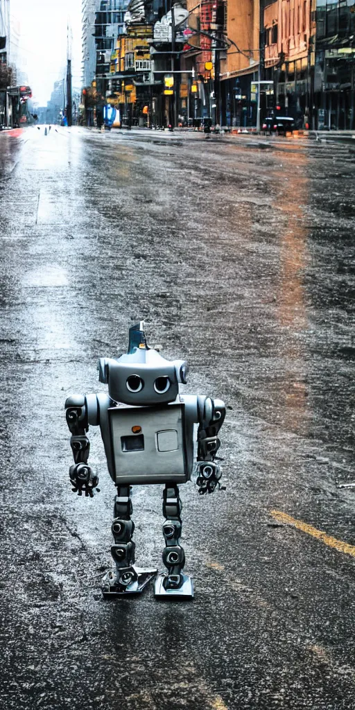 Image similar to robot on the road, city, photo, rain,