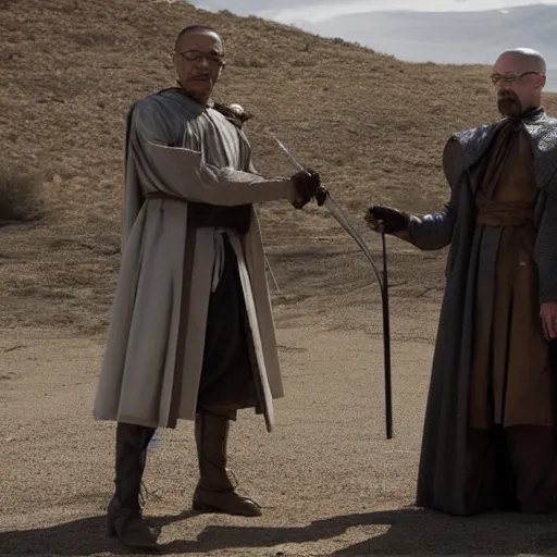 Image similar to walter white and gustavo fring dress like a knights from game of thrones, dueling with swords, cinematic, highly - detailed, 8 k, hbo, game of thrones, realistic