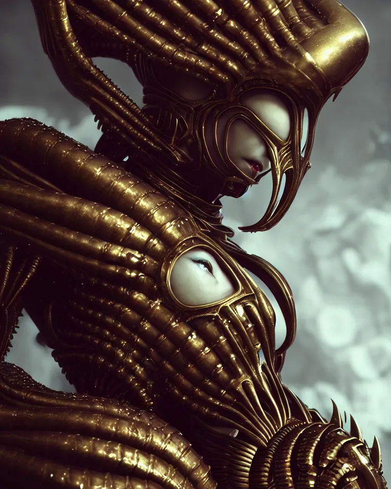 Image similar to epic portrait of alien queen in ring armour by cleavanger and elvgren epic octane vfx maya render