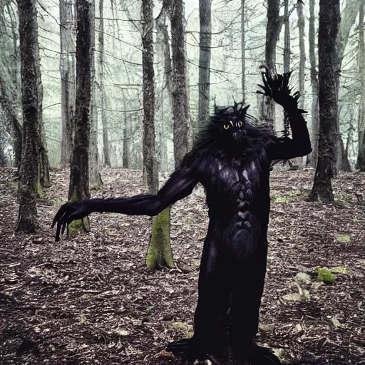 Prompt: werecreature consisting of human and crow, photograph captured in a forest