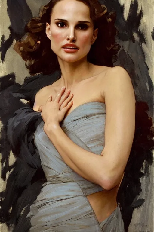 Prompt: elegant portrait of natalie portman as iron man by greg manchess, mucha, william adolphe bouguereau