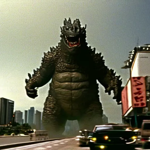 Prompt: a film still of Godzilla in Fear and Loathing in Las Vegas (1998)