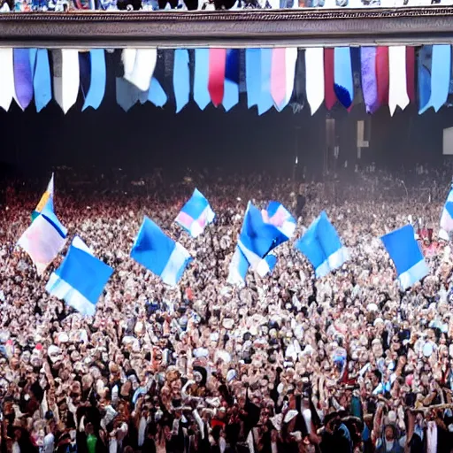 Image similar to Lady Gaga as president, Argentina presidential rally, Argentine flags behind, bokeh, giving a speech, detailed face, Argentina