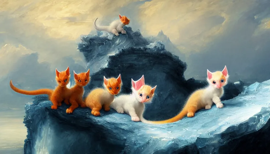 Image similar to highly detailed painting of white cute baby furry scaled oriental dragon kittens on a blue and white iceberg by william turner, by greg rutkowski, by william constable, thick brush strokes and visible paint layers, 4 k resolution
