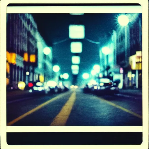 Image similar to colorful instant photograph of the middle of the street at night, polaroid, light leak, raw, nostalgic