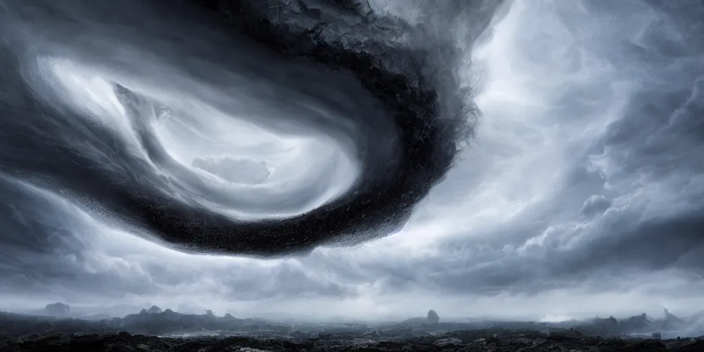 Prompt: photorealistic intricate detailed picture of a giant swirling black hole in the storm clouds, a gentle rising mist, an epic rocky landscape. occult photorealism, uhd, amazing depth, cinematic lighting