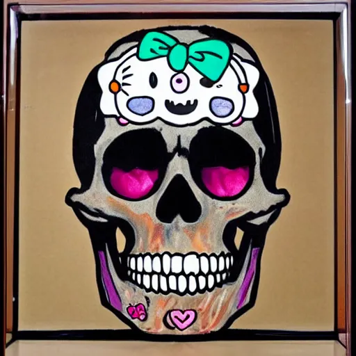 Image similar to portrait painting goofy skull skeleton, hello kitty, comic book, pokemon, highly detailed, art by Singer Sargent and damien hirst