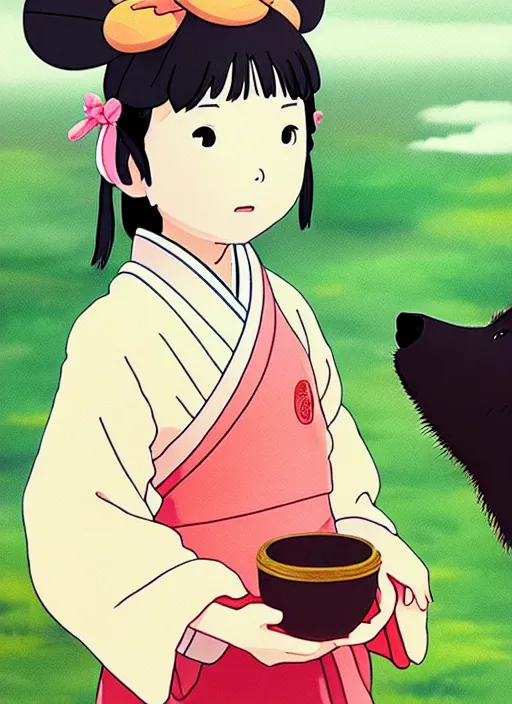 Image similar to painting of a small girl wearing a kimono giving a peach to an anthropomorphic asian black bear, close up, in the style of studio ghibli, heikala, 8 k, raw, featured in artstation, octane render, cinematic, elegant, intricate, 8 k