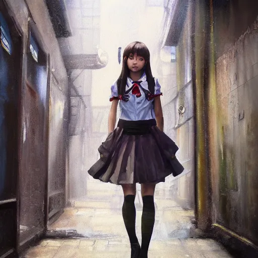 Image similar to a perfect, surrealistic professional oil painting of a Japanese schoolgirl posing in a dystopian alleyway, style of Marvel, full length, by a professional American senior artist on ArtStation, a high-quality hollywood-style concept