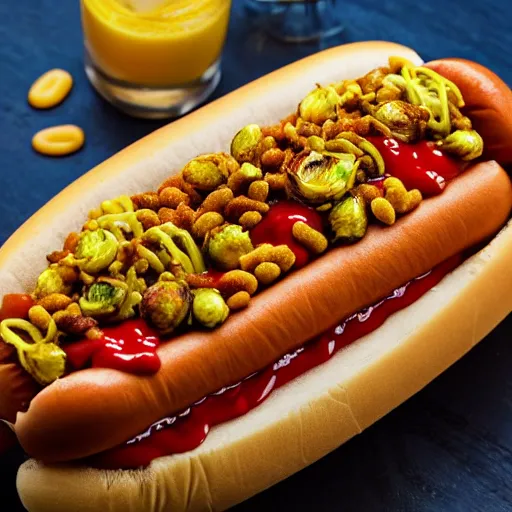 Prompt: promotional photo of a delicious hot dog, with baked beans, mustard, ketchup, brussel sprouts, cereal on top, detailed, uhd, 8k,