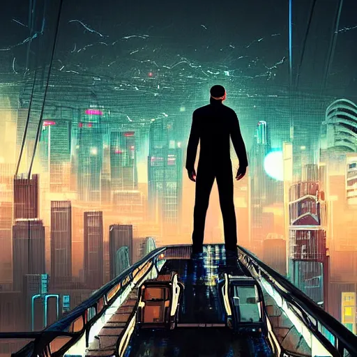 Image similar to “ a man standing on top of a bridge over a city, cyberpunk art by vincent lefevre, behance contest winner, altermodern, cityscape, synthwave, matte painting ”