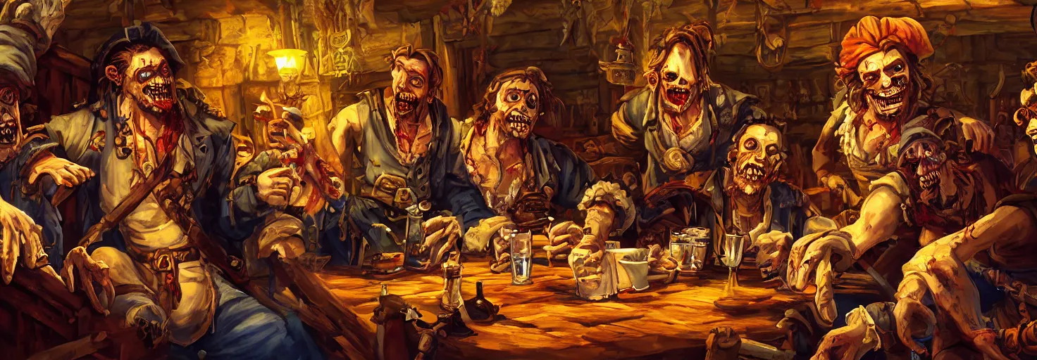 Image similar to Painting of zombie pirate LeChuck sitting in a tavern with his rival Guybrush Threepwood and grimly drinking grog, concept art