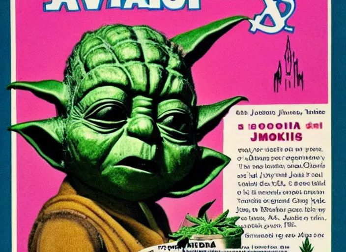 Prompt: vintage travel advertisement for jamaica, of yoda made out of green cannabis sativa, smoking a bong