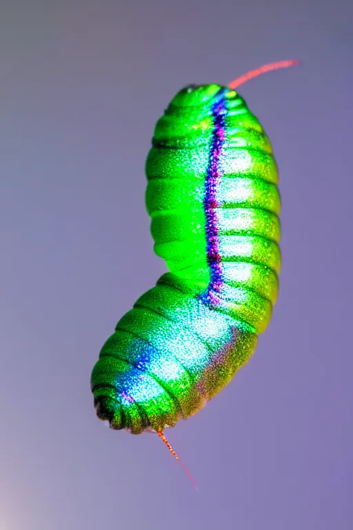 Prompt: high quality macro photo iridescent translucent caterpillar! gorgeous highly detailed david ligare elson peter cinematic pink lighting high quality low angle hd 8k sharp shallow depth of field