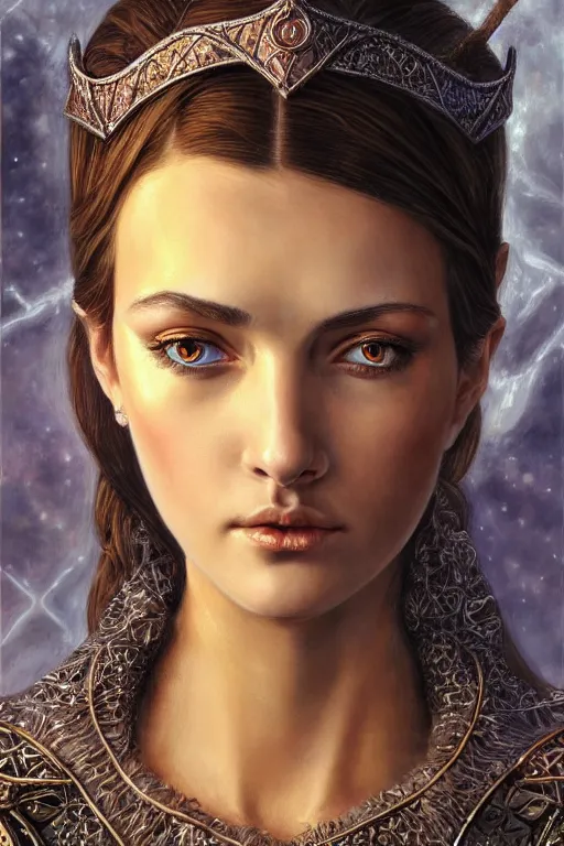 Image similar to high quality extremely detailed closeup portrait of a young gorgeous female warlock looking away from the camera, detailed eyes, sparkle in eyes, no hands visible, fantasy, d & d, intricate, painting by lucian freud and mark brooks, hd