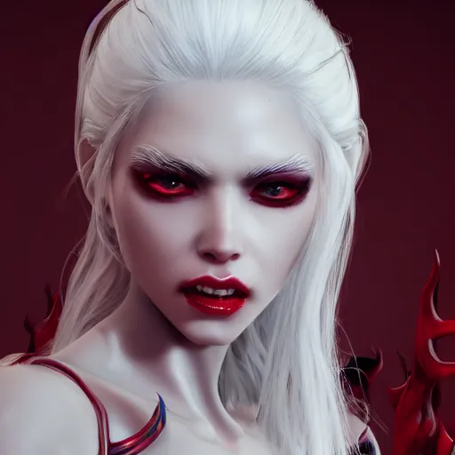 Image similar to a highly detailed portrait of a humanoid demon girl with white hair, red horns, in white clothes, artstation, deviantart, professional, unreal engine 5, photorealistic