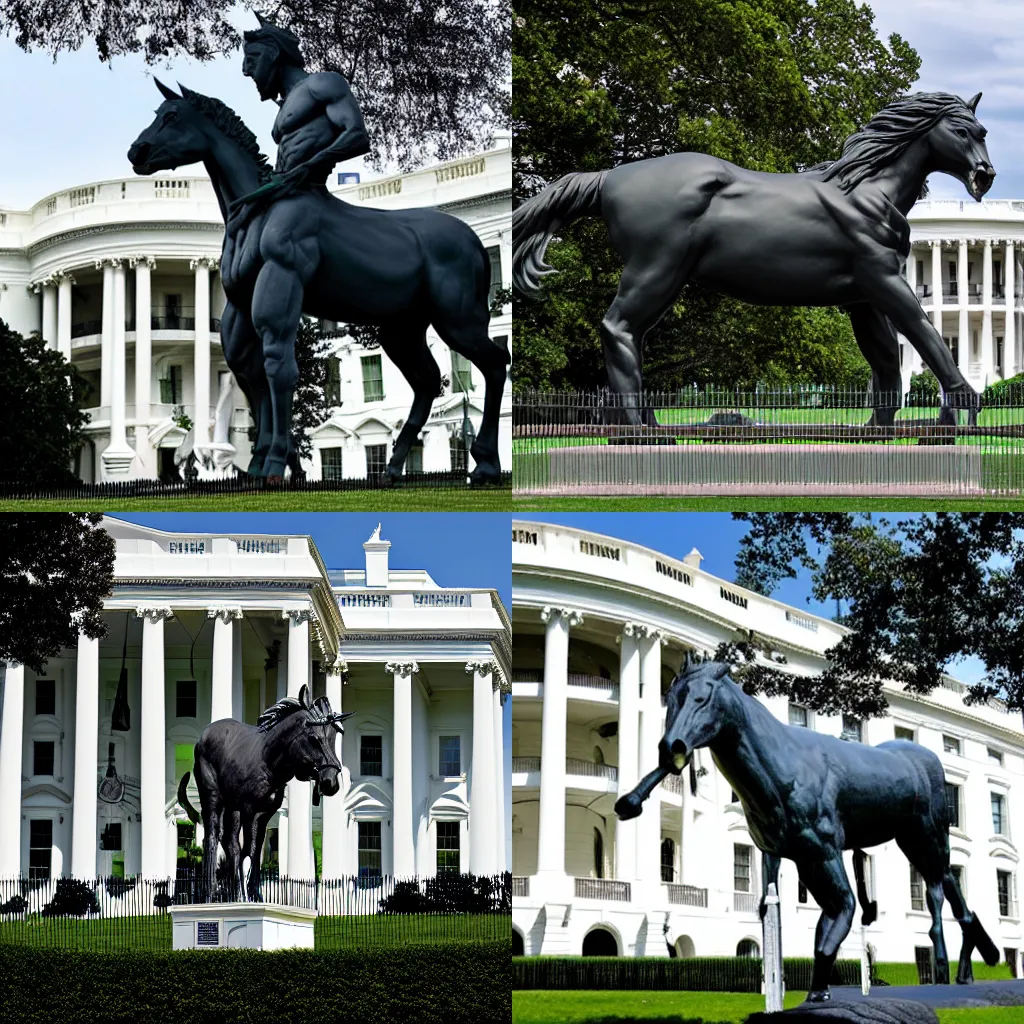 Prompt: monumental sculpture of a centaur in front of the white house