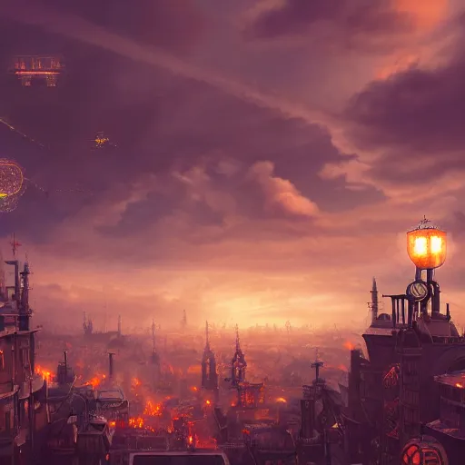 Prompt: a steampunk town in the clouds, robot, fire, ash, electricity lightning, furry, soft, concept art, sharp focus, intricate details, highly detailed, photorealistic, disney pixar, octane render, anime, big field of view, 8 k