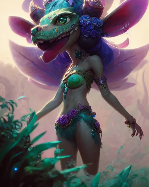 Image similar to neeko from league of legends, character portrait, concept art, intricate details, highly detailed by greg rutkowski, gaston bussiere, craig mullins, simon bisley