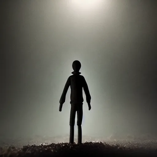 Prompt: the strange visitor, extremely detailed claymation art, extremely realistic, dark, moody, foggy