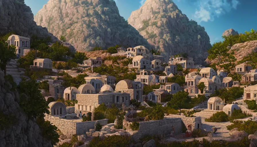 Image similar to very very small greek village, by ilya kuvshinov, rtx rendering, octane render 1 2 8 k, maya, extreme high intricate details by tom bagshaw, medium shot, close up shot, composition by sana takeda, lighting by greg rutkowski