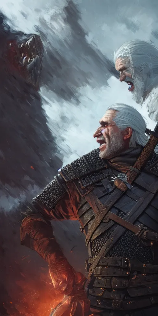 Prompt: Every Geralt Of Rivia ever laughing at you, Darek Zabrocki, Karlkka, Jayison Devadas, Phuoc Quan, trending on Artstation, 8K, ultra wide angle, pincushion lens effect