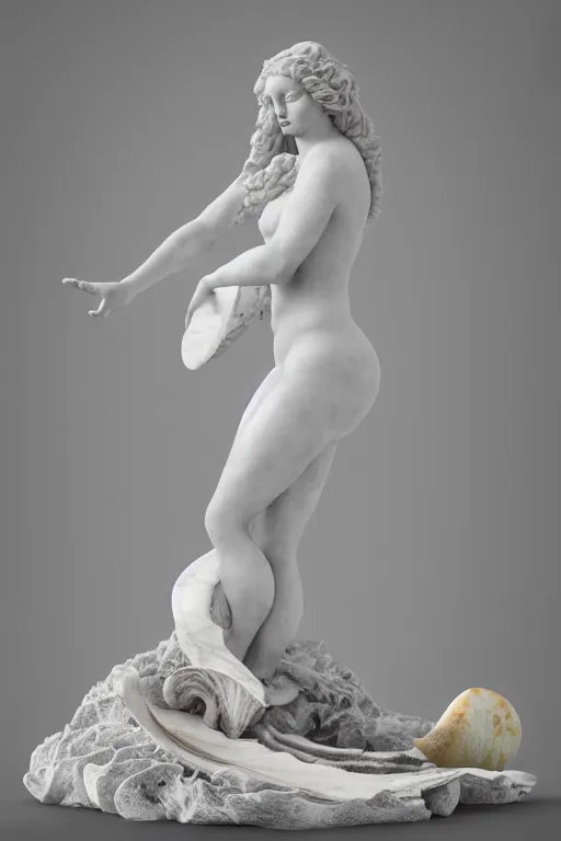 Image similar to Marble Sculpture of Aphrodite rising out of the sea in a clam shell, photorealistic, volumetric lighting, inspired by The Birth of Venus by Sandro Botticelli, trending on artstation.