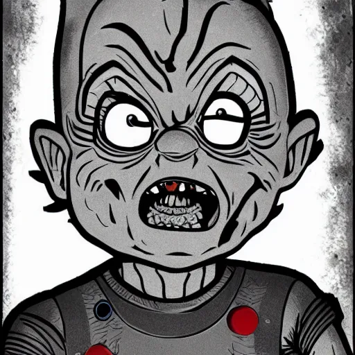 Prompt: cartoon drawing of chucky by - rick and morty , loony toons style, horror themed, detailed, elegant, intricate
