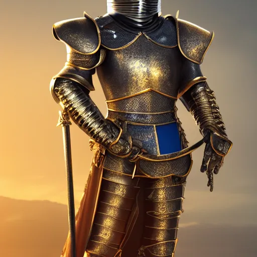 Image similar to a highly detailed knight in a T golden helmet and a golden crown with a blue diamond in the center, golden armor, leather clothes under the armor, leather gloves, holds a black sword, artstation, DeviantArt, professional, octane render, sunset lighting