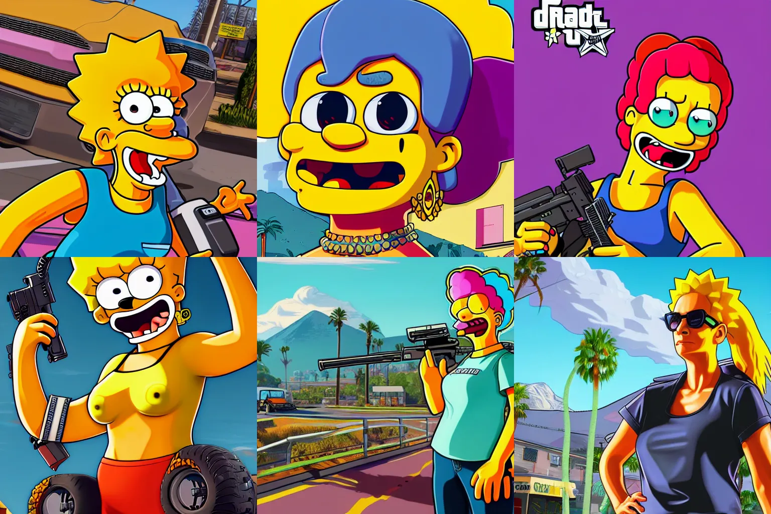 Prompt: Lisa Simpson in Grand Theft Auto 5 cover art, epic, 4k resolution, extremely detailed, very sharp, artstation, digital art, vibrant,