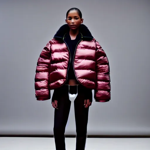 Image similar to realistic photoshooting for a new balenciaga lookbook color film photography of a beautiful woman model, model wears a puffer jacket, photo in style of tyler mitchell, ssense