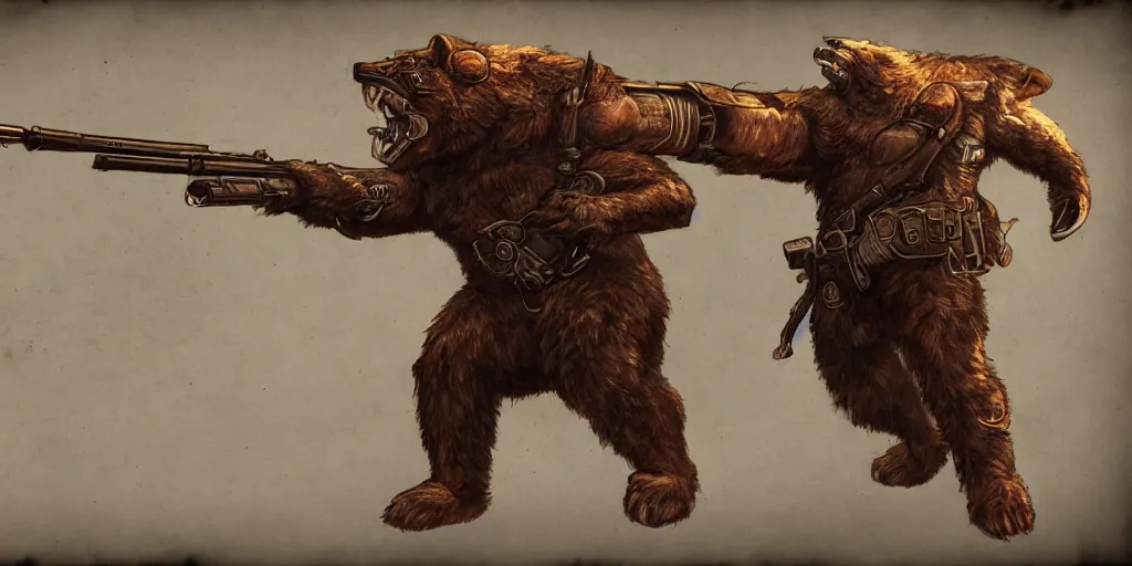 Image similar to Full body concept art of A High fantasy WW1 bear beast-man firing a enchanted heavy shotgun trending on artstation deviantart Pinterest detailed High Resolution HD 8k