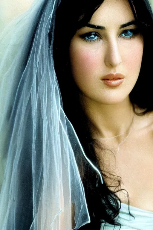 Image similar to young arab Monica Bellucci, blue eyes, long wavy black hair, white veil, closeup, focus, colored, long face