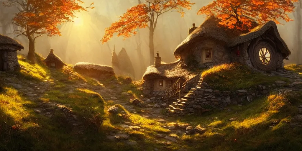 Image similar to a hobbit cottage on top of a steep hill, greg rutkowski, zabrocki, moebius, karlkka, jayison devadas, highly detailed, autumn sunlights, smoky atmosphere, ( ray of sunlight ), trending on artstation, 8 k, ultra wide angle, zenith view, pincushion lens effect