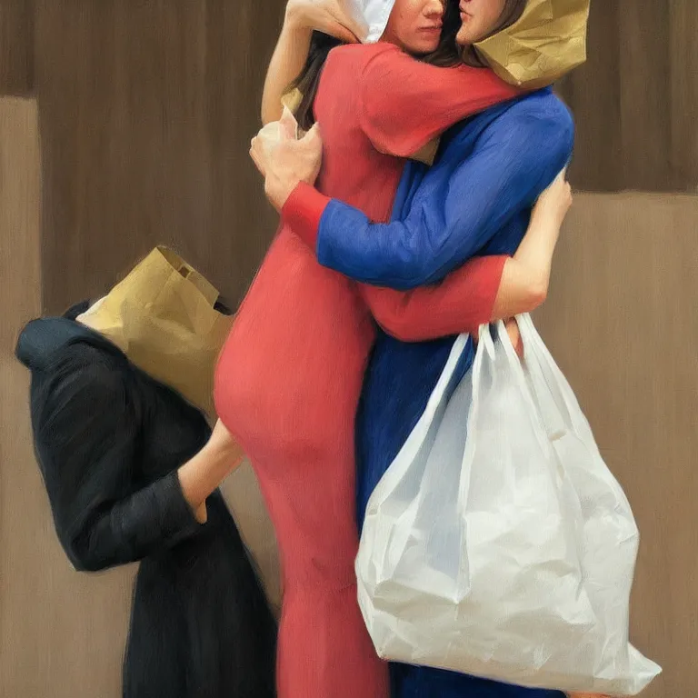 Image similar to two women hugging with a paper bag over the head dressed in plastic bags, highly detailed, artstation, art by, , edward hopper, zdislav beks