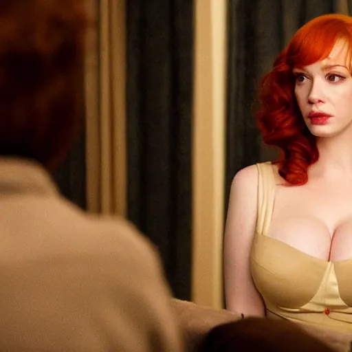 Image similar to amazing beautiful Christina Hendricks with an amazed look on her face in the living room, film still from the movie directed by Denis Villeneuve , wide lens