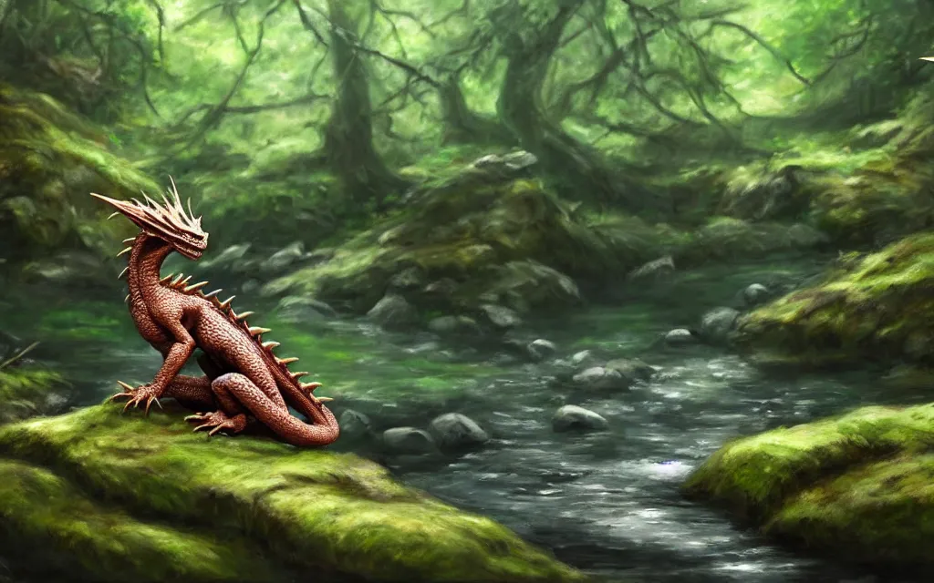 Image similar to A single dragon sitting on a rock within a woodland creek, highly detailed, trending on pixiv, realistic oil paint artwork made in 2020.