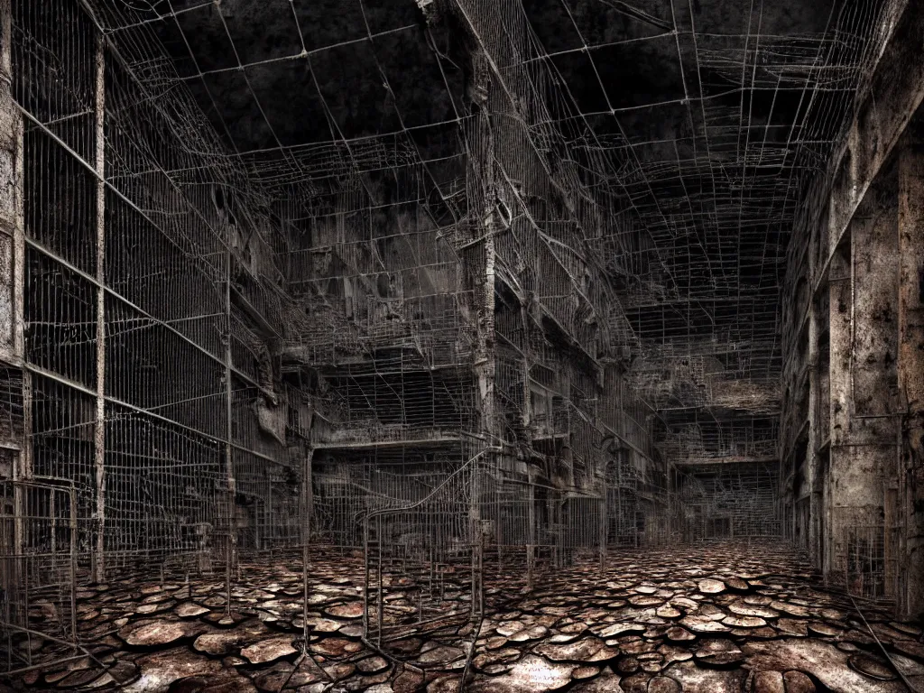 Image similar to An giant underground very gloomy multi-layered structure of rusty thick iron grids, dense chain-link fencing and peeling walls with multiple floors. In the center sits a creepy humanoid with very long limbs. Inside view, collapsed floors, bent rusted iron, masterpiece, macabre, black background, layers, corners, cinematic, hyperdetailed, photorealistic, hyperrealism, octane render, 8k, depth of field, bokeh, architecture, shadows, art by Zdzisław Beksiński, Arthur Rackham, Dariusz Zawadzki