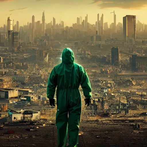 Image similar to a beautiful award-winning photo of the last man on Earth wearing a cybernetic hazmat suit, serene idyllic post-nuclear background, skyline of a derelict city in the background, volumetric lighting, very high quality, extremely detailed, subtle visual noise, 8K