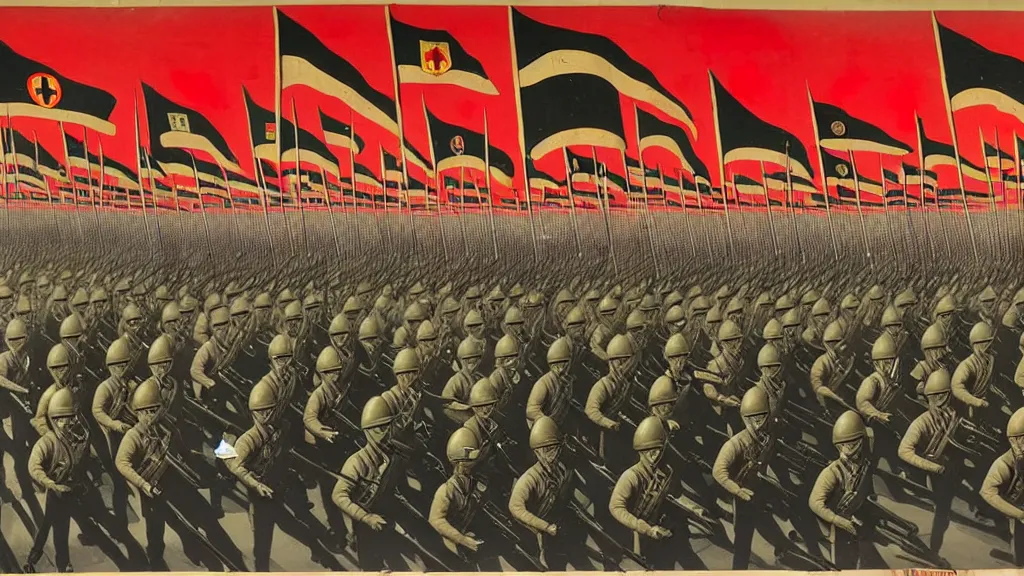 Image similar to army parade glorious march, futuristic alternate timeline, anarcho - communist hordes, red and black flags, modernist factories in background, art by max ernst, cnt spanish civil war era propaganda