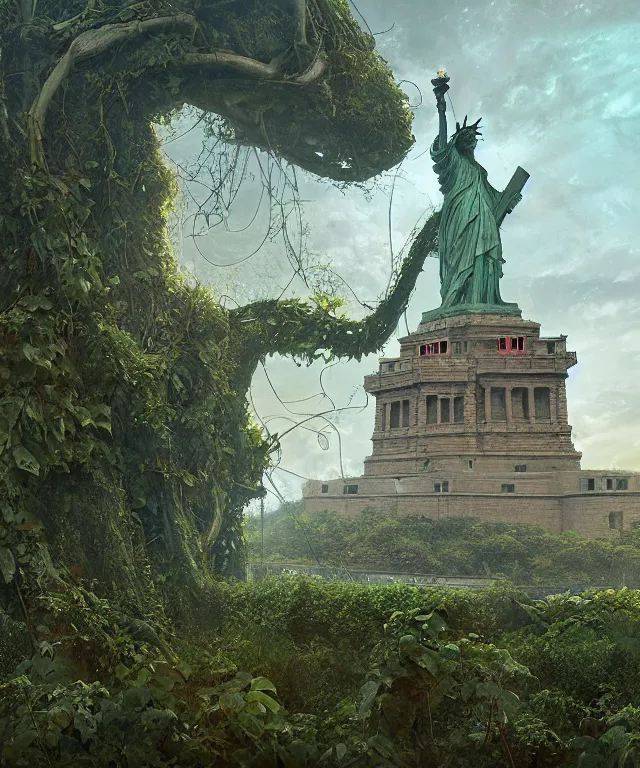 Image similar to highly detailed digital matte painting of an overgrown, abandoned, damaged Lady of Liberty, taken back by nature, vines. Full shot. By Raphael LaCoste and Ruan Jia and Robert McCall, postcyberpunk, geodesic dome, hyperdetailed, sunrise, wide shot, autochrome, octane render